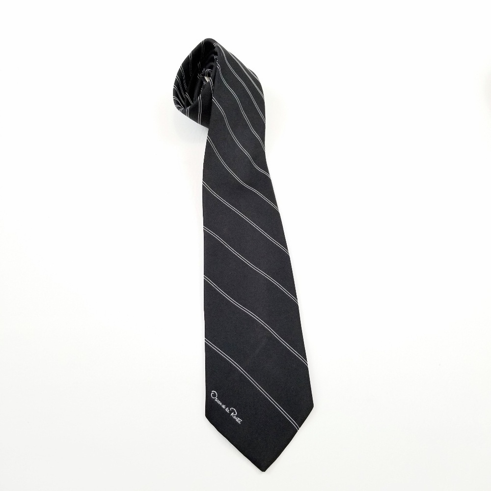 Oscar de la Renta men's black white striped men's neck tie - Picture 6 of 6